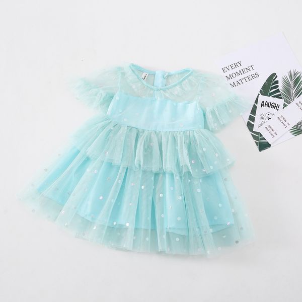 2021 new summer clothes flare sleeve sequined lace children's layered girls clothing 1qda, Red;yellow